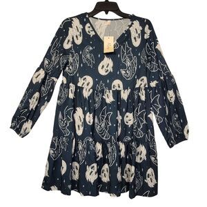 Halloween-Themed Navy Blue Long-Sleeve Tiered Dress Print V-Neck Size Small